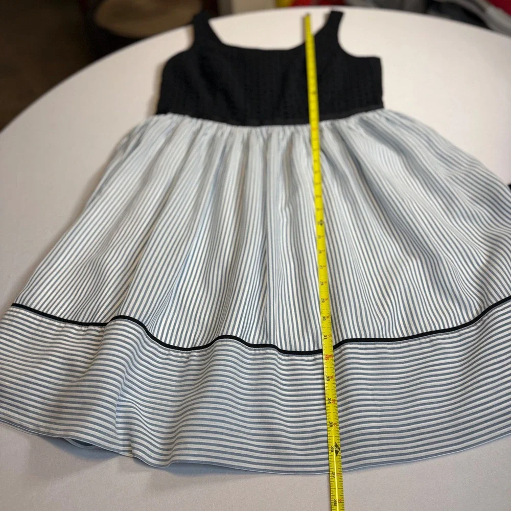 LOFT Eyelet Striped Fit & Flare Dress Blue White Black Petite 10P Sleeveless - Picture 8 of 12